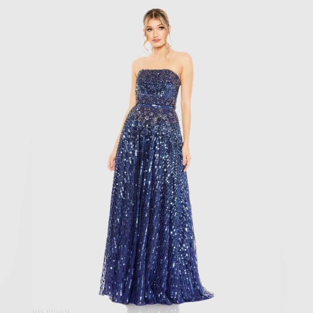 MAC DUGGAL Navy Strapless Hand Embellished Beaded A Line Gown